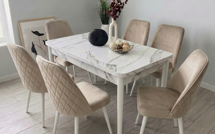 Трапезен комплект "Marble Beige Kare" с 6 стола